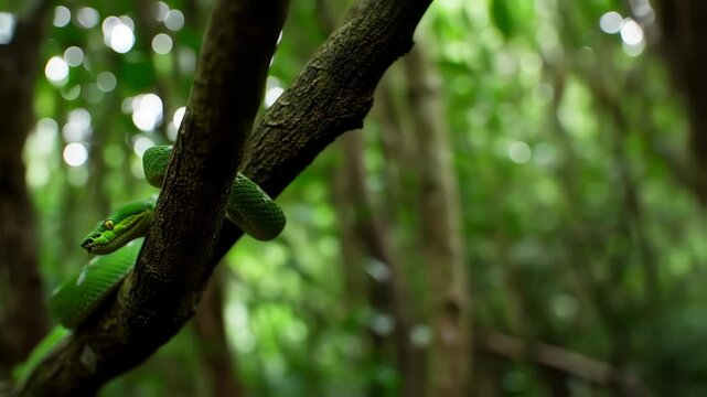 Green Tree Python Climbing Tree Branch in Dense Jungle Environment with Natural Lighting