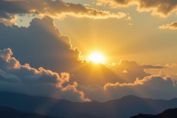 Fototapeta premium clouds stack high like mountains, a quiet hum fills the air, the sun vanishes behind thick gray walls, and the temperature suddenly drops