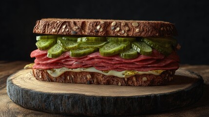 New York pastrami, gherkins and sourdough bread deli sandwich