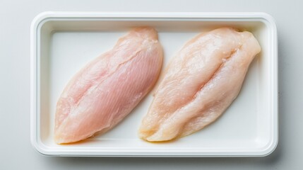Fresh chicken breasts are displayed on a clean white tray