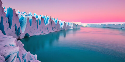 Glacial Ice Cliffs with Turquoise Water and Pastel Sky


