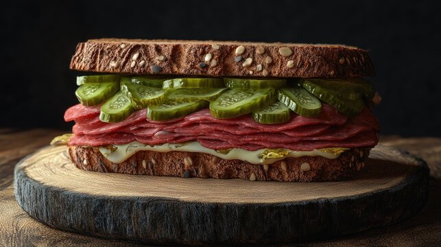 New York pastrami, gherkins and sourdough bread deli sandwich