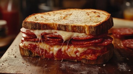 Pizza sandwiches with tomato sauce, mozzarella, pecorino cheese and salami