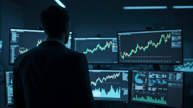 Businessperson observing financial charts on multiple screens in dark room