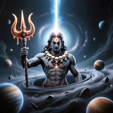 Cosmic Shiva &ndash; The Universal Destroyer in Space Vortex.
A hyper-realistic fantasy depiction of Lord Shiva emerging from a cosmic vortex surrounded by planets and galaxies.