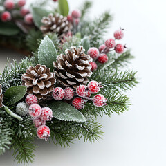 Festive Winter Wreath with Frosted Pine Cones, Red Berries and Greenery for Holiday Decor (110 characters).