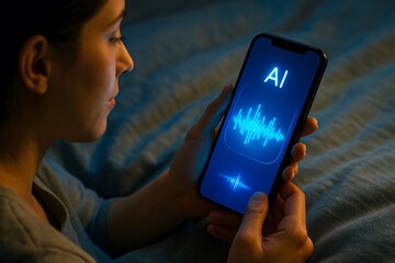 Woman using AI voice assistant on smartphone at night with glowing sound wave interface
