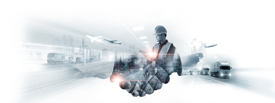 Transportation and logistics concept of integrated with digital connectivity and global networking with various modes, Partnership handshake, Business deal agreed upon transport.