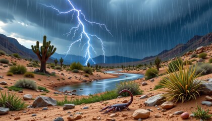 thunderstorm disrupts desert ecology, sudden flood fills dry basin, scorpions seek higher ground, plants bend under cold rain