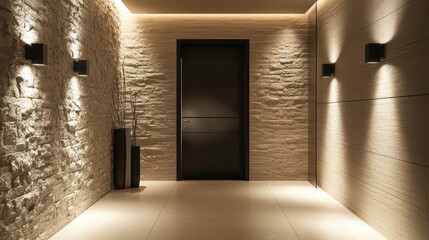 Modern hallway with stone wall, dark door, and warm lighting.