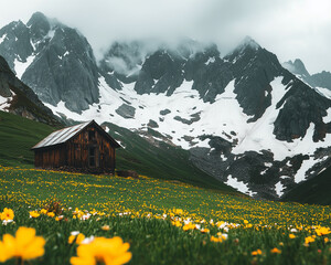 Old wooden hut in mountains with field of yellow flowers. Landscape photography