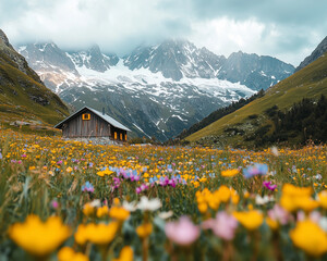 Old wooden hut in mountains with field of yellow flowers. Landscape photography