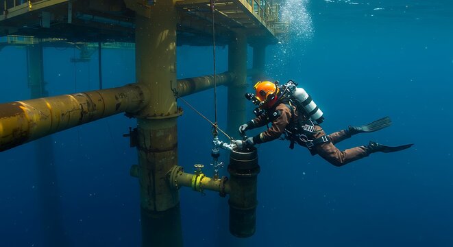 Diver inspects underwater structure