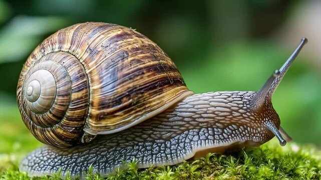 A beautiful land snail with a patterned shell explores a lush carpet of bright green moss.