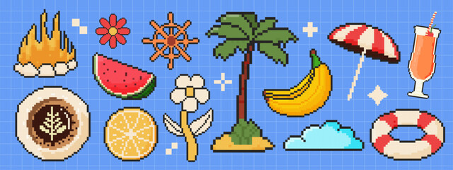 8 bit summer icon set. Pixel art object. Retro 80s,90s video game graphics. Bonfire, watermelon, coffee, lemon, flower, palm tree, lifebuoy, cocktail.