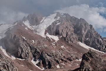 Snow capped peaks of the Zaili Alatau Range, the Tien Shan Mountains