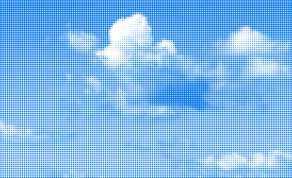 Blue sky collage with halftone effect. Vintage pop art style with dotted texture.