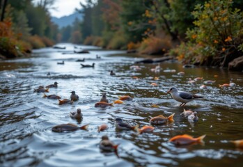 Fototapeta premium storm alters river path, leaving fish stranded in shrinking pools, birds take advantage, ecosystem adapts under pressure