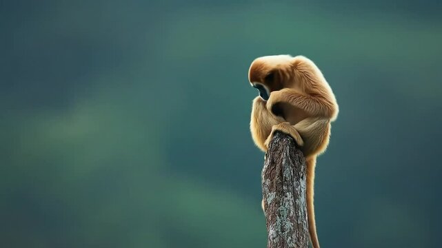 A pensive gibbon sits peacefully atop a weathered tree stump in its natural habitat.