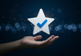 Hand offering a star with a blue checkmark against a bokeh background