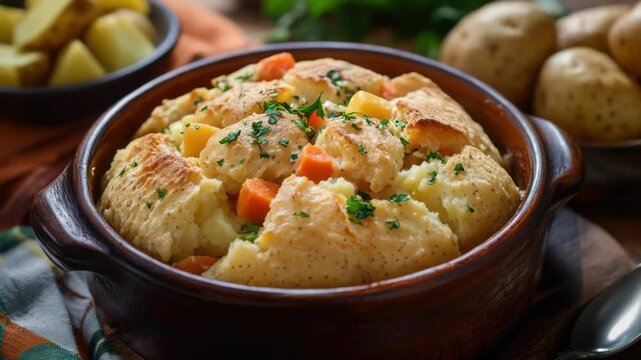 A creamy chowder with potatoes and carrots in a traditional dish.