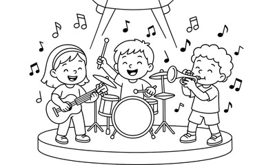 Kids band coloring page: fun musical performance with instruments and notes