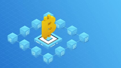 This 3D animated video features a digital coin falling from the top of the screen and landing on a platform. The platform is surrounded by other cubes, suggesting a network of interconnected elements