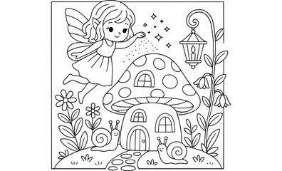 Whimsical fairy and snails coloring page with mushroom house and lantern