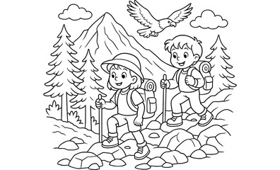 Fototapeta premium Children hiking in nature with backpacks and bird in mountain landscape outline