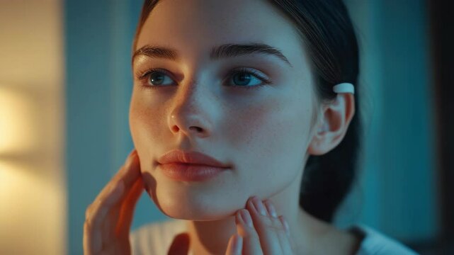 A woman applying skincare products to her face, showcasing the process of evening self-care and beauty routines.