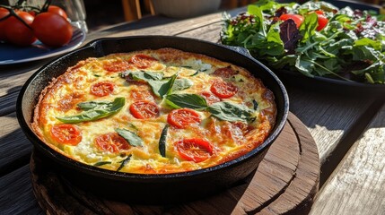 Sun baked tomato, goats cheese and courgette quiche served in cast iron pan with side salad
