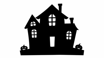 Silhouette of a spooky haunted house with pumpkins and windows for halloween decoration design vector