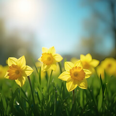 Obraz premium Blooming Yellow Daffodils in Spring Sunshine