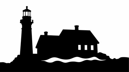 Silhouette of a lighthouse with a house behind it standing on rocks with waves in front, against white sky