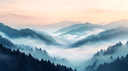Misty mountain valley at dawn