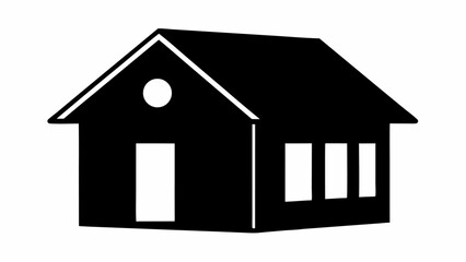 Black silhouette of a house with a pointed roof and three windows on a white background is shown here