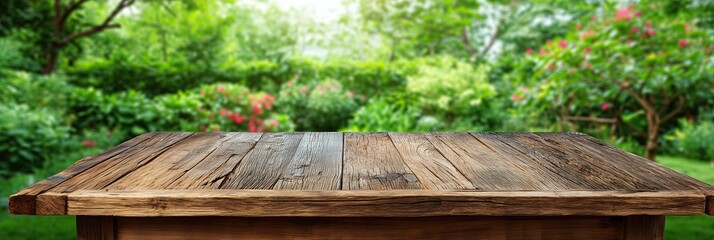 Rustic wooden tabletop with a lush green garden background