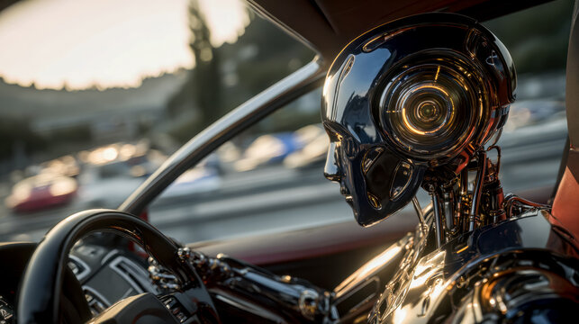 Futuristic humanoid robot driver in a modern vehicle during sunset