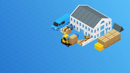 A 3D animation showing a delivery truck unloading cargo boxes at a warehouse building. The scene is set in the morning and shows the efficiency of logistics operations