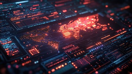 Global tech usage heatmap visualized with glowing regions and interactive data layers in futuristic UI concept designed for analytics dashboard application