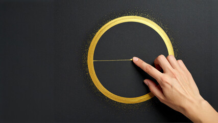 A hand delicately touches the golden hour hand of a minimalist clock outline drawn with gold powder on a dark background, providing ample negative space. Represents time management, precision, and ele