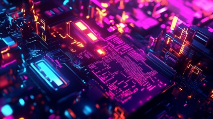 Fototapeta premium Abstract digital network with vibrant colors and intricate circuit board details for a high tech feel