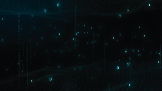 Dark Cyber Grid Background with Floating Blue Data Bits and Network Lines