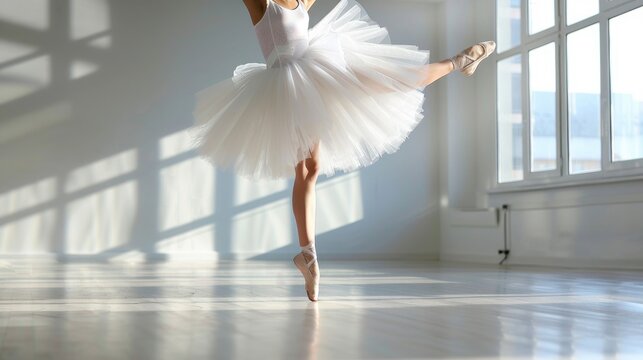 Ballet dancer in tutu mid-pose during rehearsal, focus on movement and elegance