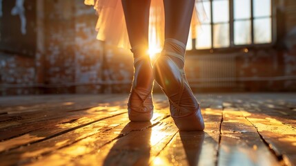 Ballerina in pointe shoes practicing on wooden studio floor, graceful pose in soft light