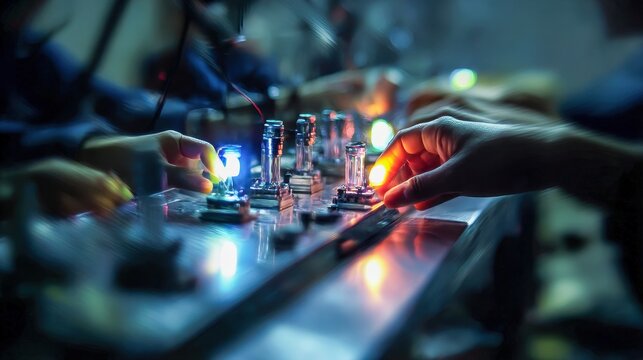 shadowy factory with tiny hands assembling glowing gadgets on motion blur dystopian workshop