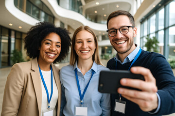 Obraz premium Smiling Colleagues Taking Selfie in Modern Office Space
