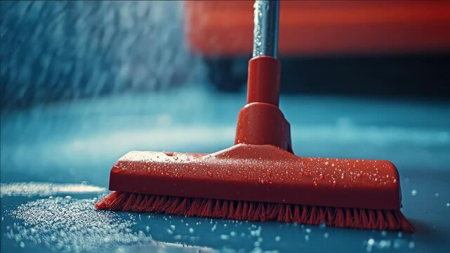 Red cleaning squeegee on a wet floor after rain.