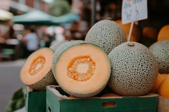 Fresh cantaloupes at a market stall
