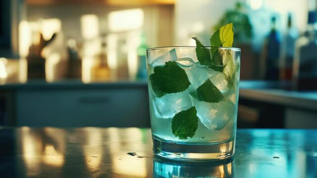 A tall glass of refreshing minty ice-cold beverage with a hint of herbal flavor, perfect for hot summer afternoons.